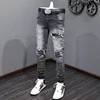 High Street Fashion Men Jeans Retro Black Gray Stretch Skinny Fit Ripped Jeans Men Leather Patched Designer Hip Hop Brand Pants 2