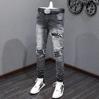 High Street Fashion Men Jeans Retro Black Gray Stretch Skinny Fit Ripped Jeans Men Leather Patched Designer Hip Hop Brand Pants 2