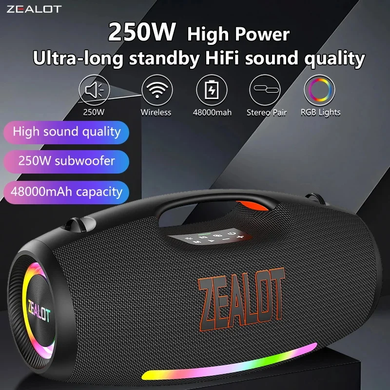Zealot S89 250W Portable Bluetooth Speaker High Volume Waterproof 48000mAh Wireless TWS Subwoofer Support USB/TF/AUX RGB light