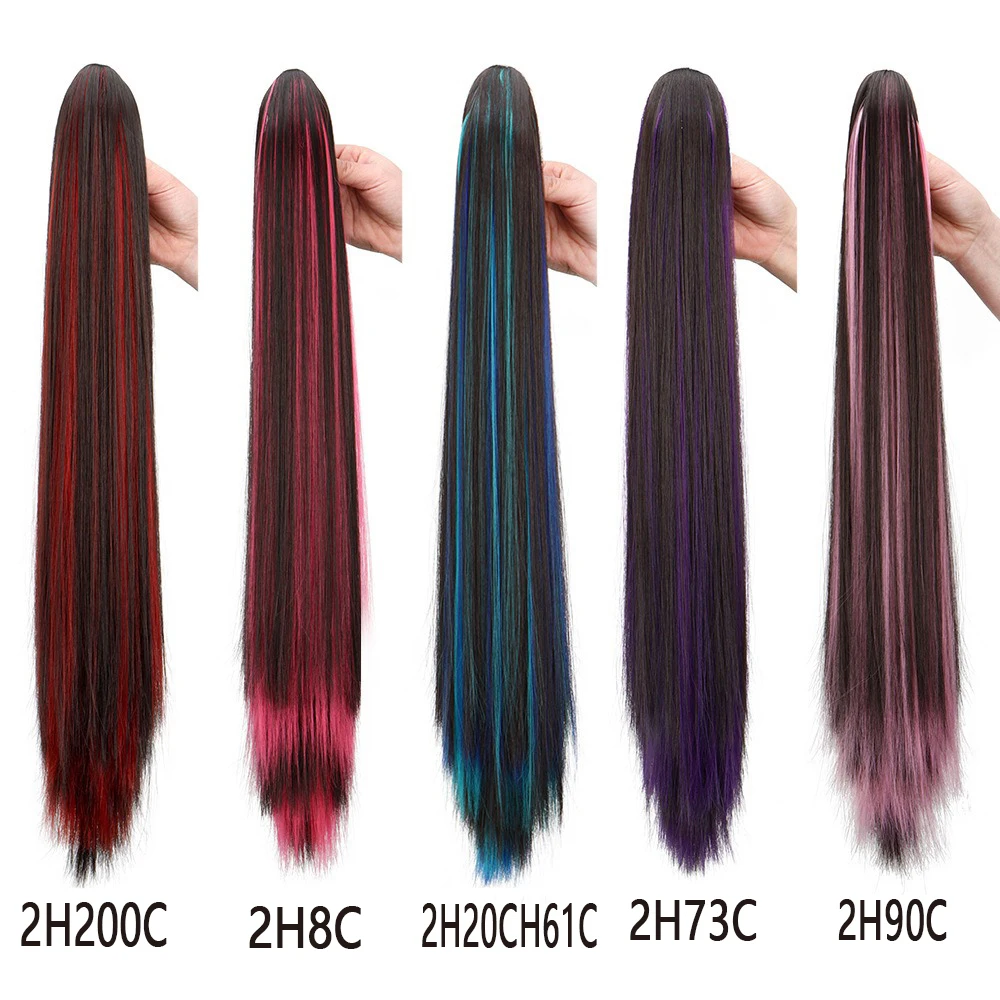 Synthetic 24Inch Long Straight Ponytail Hair Extension Claw Clip Brown Hightlights Vibrant Blue  Red Hairpiece for Women