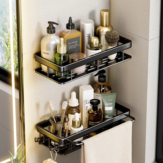 Mensola da bagno senza trapano Bottiglia di shampoo montata a parete Portaoggetti angolare per doccia Portaoggetti per WC Accessori da cucina per bagno in alluminio 2