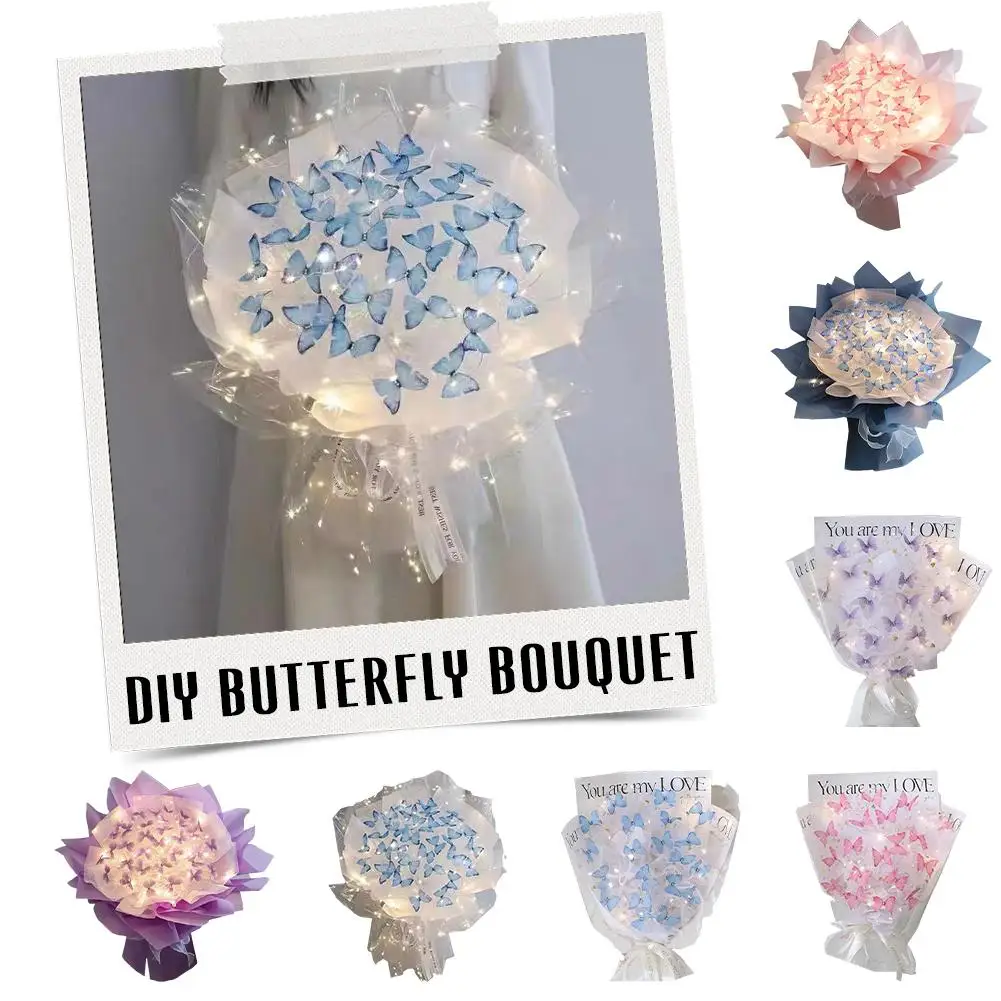 

Diy Butterfly Bouquets Handmade Butterfly Flower Material Package Bouquet With Light String Wedding Decor Gift For Girlfrie V8E9