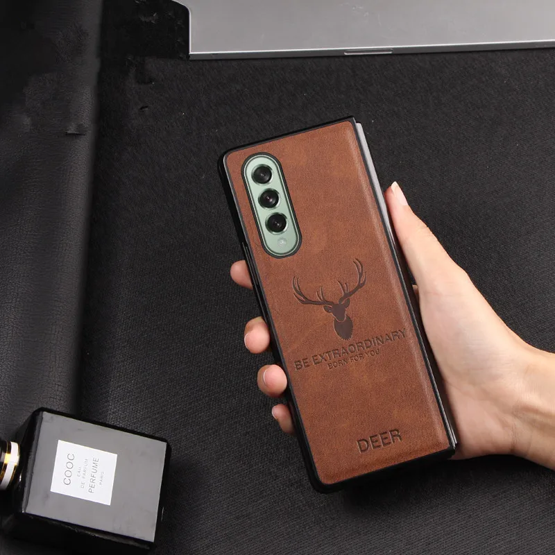 

Роскошный чехол для телефона из натуральной кожи в стиле ретро для Samsung Galaxy Z Fold3, складной, 4, 3, 2 дюймов, винтажный, с оленем, оленем, головой, зернистой броней, задняя крышка