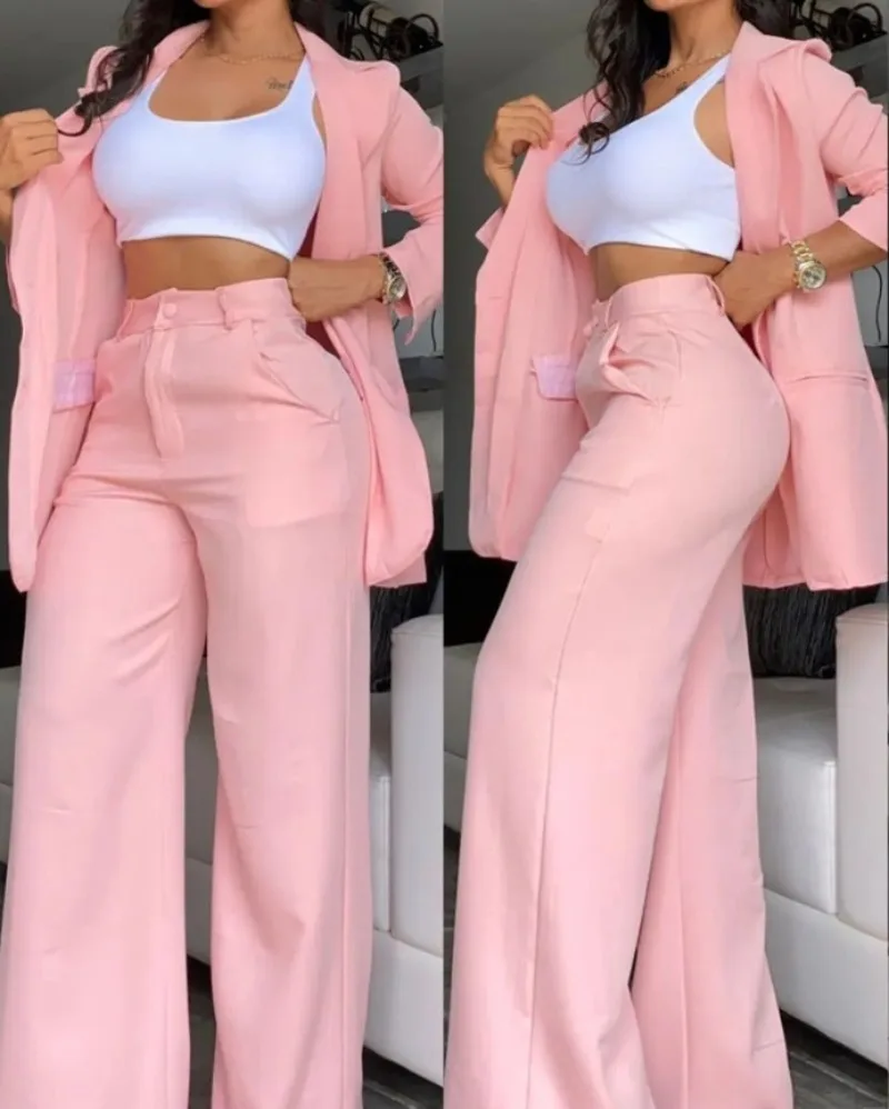Elegant Women's Blazer and Pants Two Piece Set Female Outifits Fashion Notched Collar Coat & Pocket Design Trouser Suit Spring
