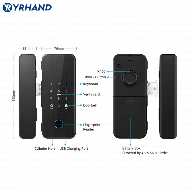 YRHAND Drill free Bluetooth Biometric Fingerprint RFID Card Code Remote Control Tuya App Electronic Smart Glass Door Lock 6