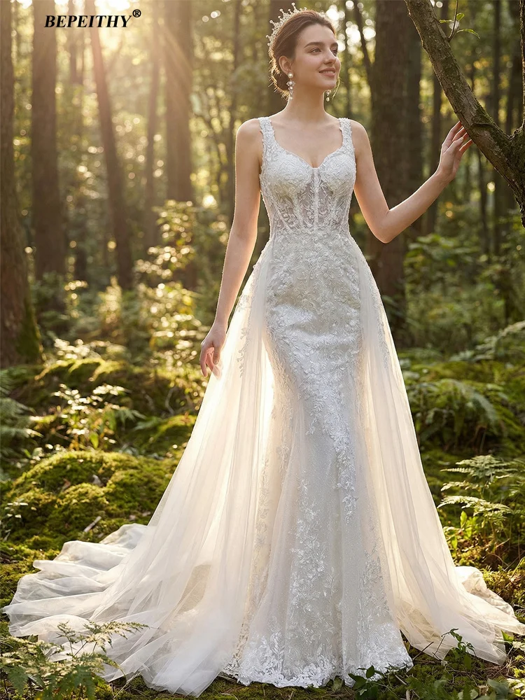 BEPEITHY Abito da Sposa Personalizzato Stile Sirena in Pizzo Boho con Strascico Staccabile Lungo e Glitterato Vestito da Sposa per Donne