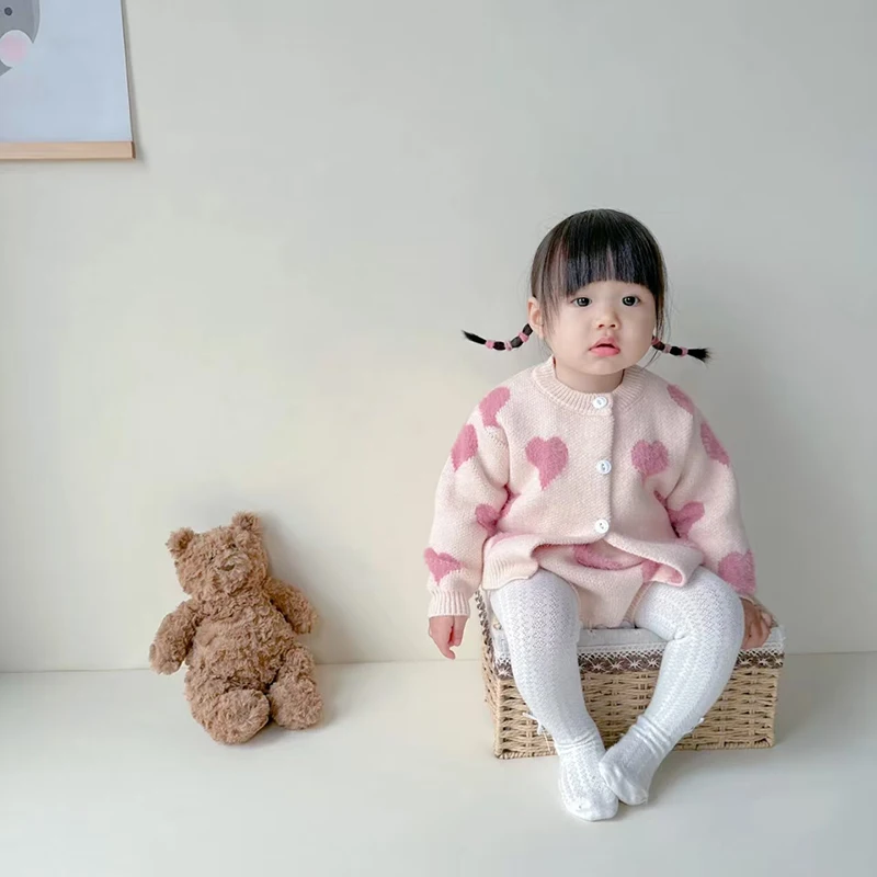 가을 겨울  여아 옷 니트 자수 러브 슈트 긴팔 가디건+점프슈트 어린이 2피스 니트 의류 세트