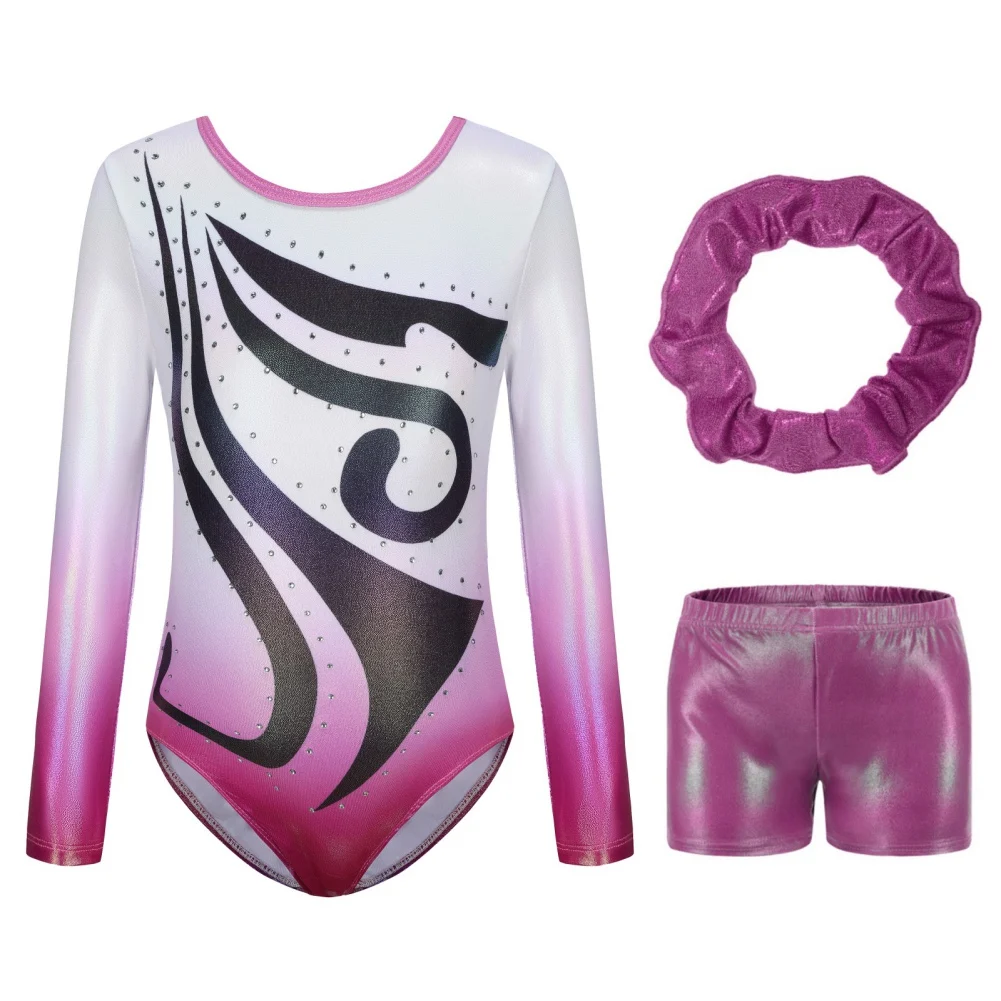 

Autumn Girls Leotards Long Sleeve Ballet Gymnastics Dance Dress Gymnastics Practice Stage Suits With Shorts And Headband