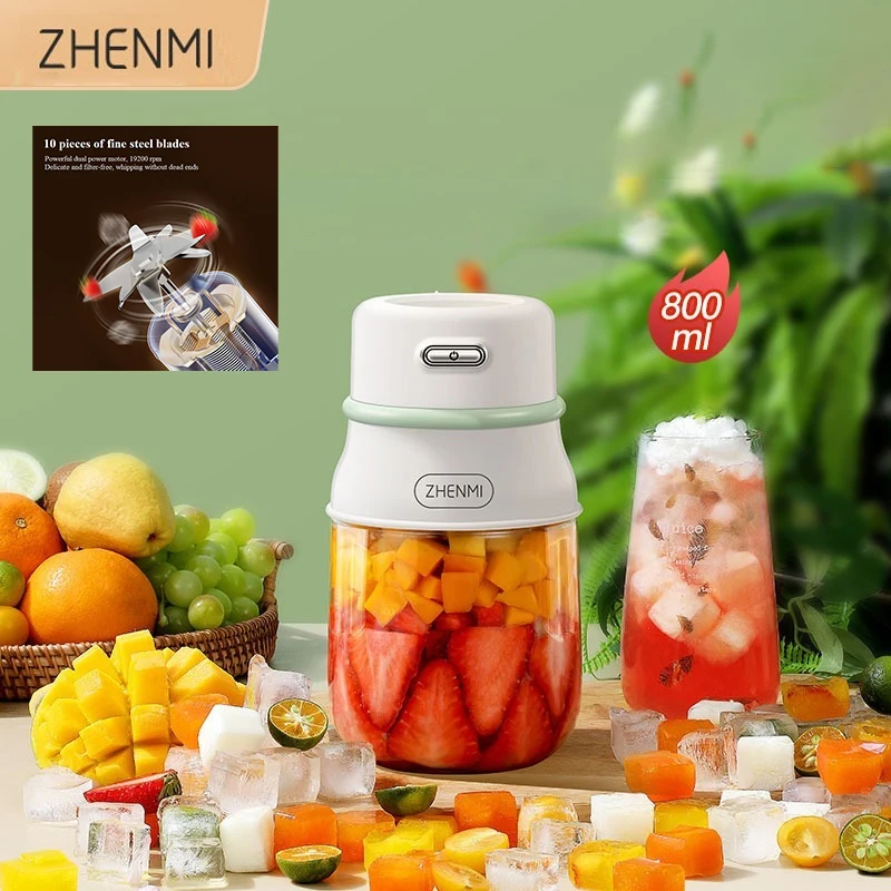 Zhenmi-tonton Portátil Espremedor Elétrico Copo Mini Liquidificador Frutas Legumes Sumo Rápido Processador de Cozinha 800ml