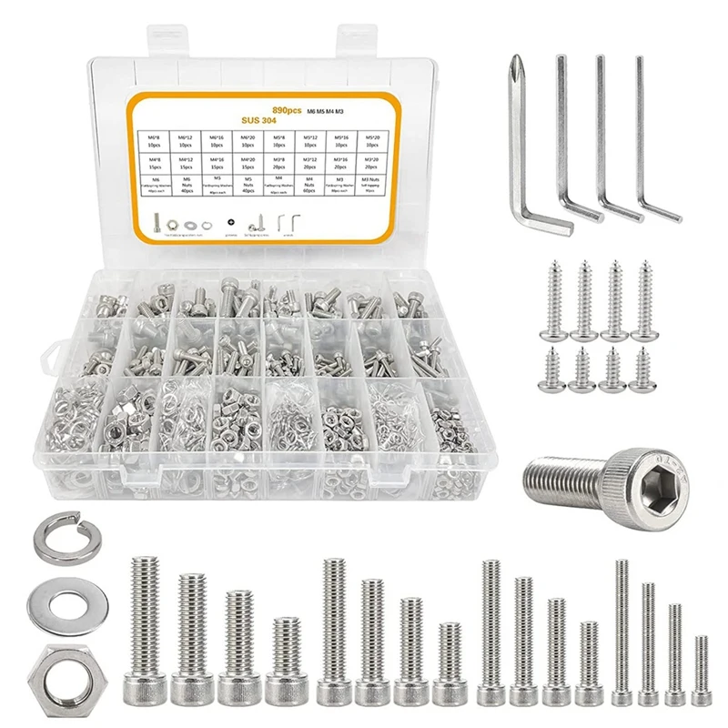 

890Pcs M3-M6 Screw Assortment, Socket Head Cap Screws Hex Head Screws Assortment Set Nuts And Bolts Assortment Kit