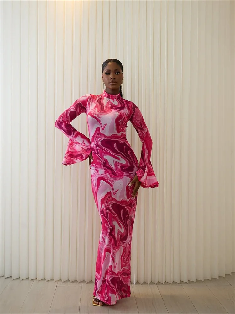 Wmstar Dresses Women Mesh Vintage Print Bodycon Sexy Mesh See Through Flare Sleeve Wrap Hip Long Dress Wholesale Dropshipping