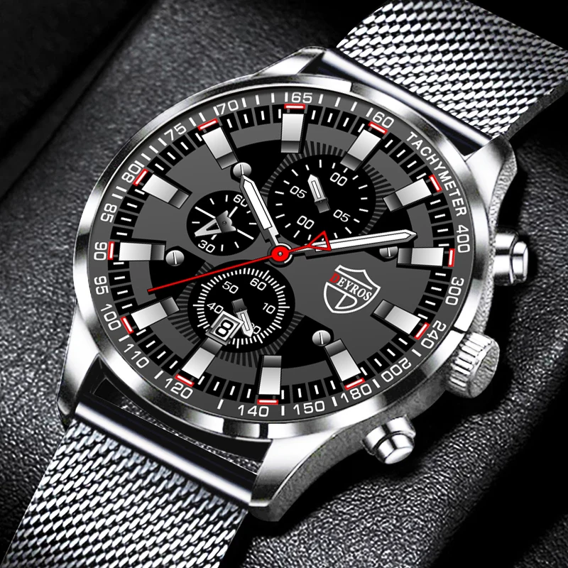 2023 Fashion Mens Sports Watches Men Luxury Business Stainless Steel Mesh Belt Quartz Luminous Clock Man Casual Leather Watch
