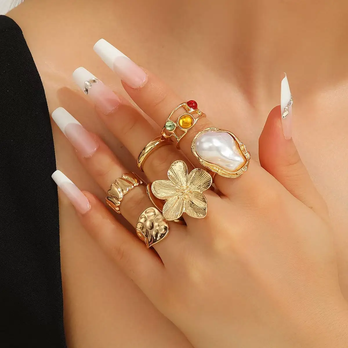 Fashionable Retro Geometric Pearl large Flower Ring Set, Gold Opening Women's Jewelry New Accessory set Gift Image 2