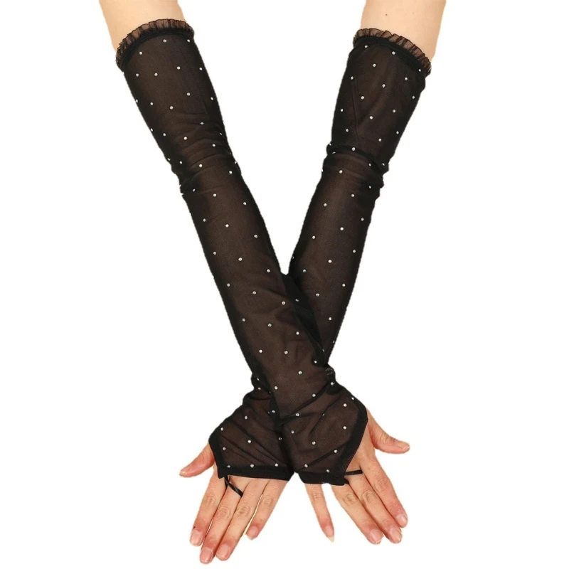 

Evening Dinner Long Gloves Proms Studded Lace Gloves Black Gloves for Stage