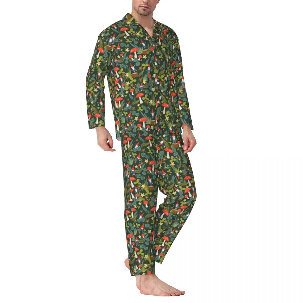 

Magic Mushroom Print Pajamas Mens Woodland Gnomes Fashion Room Sleepwear Autumn Two Piece Casual Oversize Graphic Pajamas Set