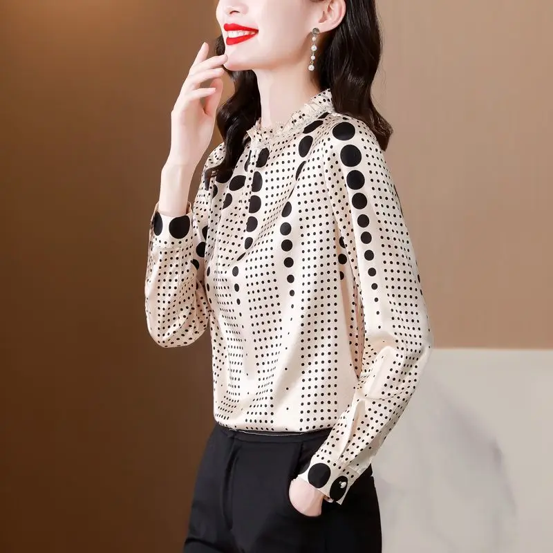 Women Korean Fashion Silk Satin Polka Dot Print Elegant Blouse Office Lady Ruffle Stand Collar Shirts Casual Long Sleeve Blusas