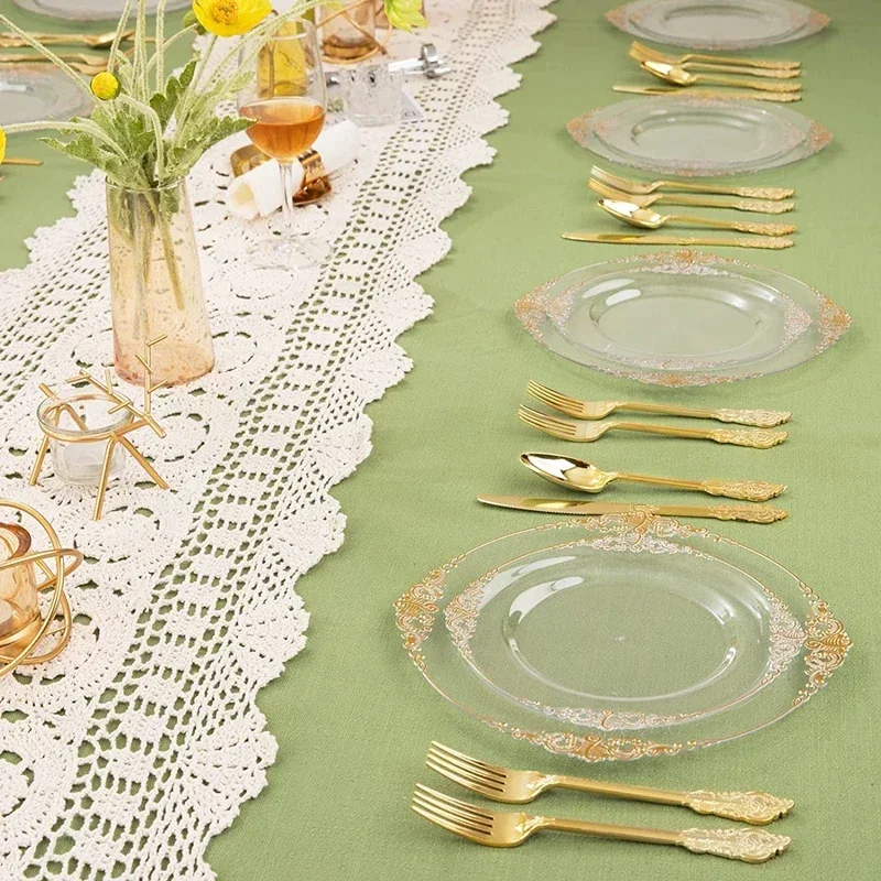 50 People Plastic Plates Dinner White Plastic with Plates Gold Rim Lace Gold for Weddings Celebration