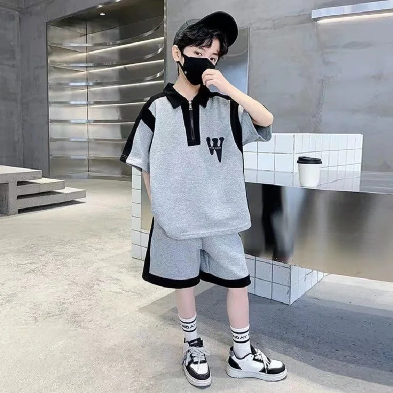 소년 코튼 알파벳 하프 지퍼 프레피 티셔츠 상의 및 반바지, 학교 어린이 운동복, 어린이 운동복 세트, 5-16 세, 2 피스, 여름