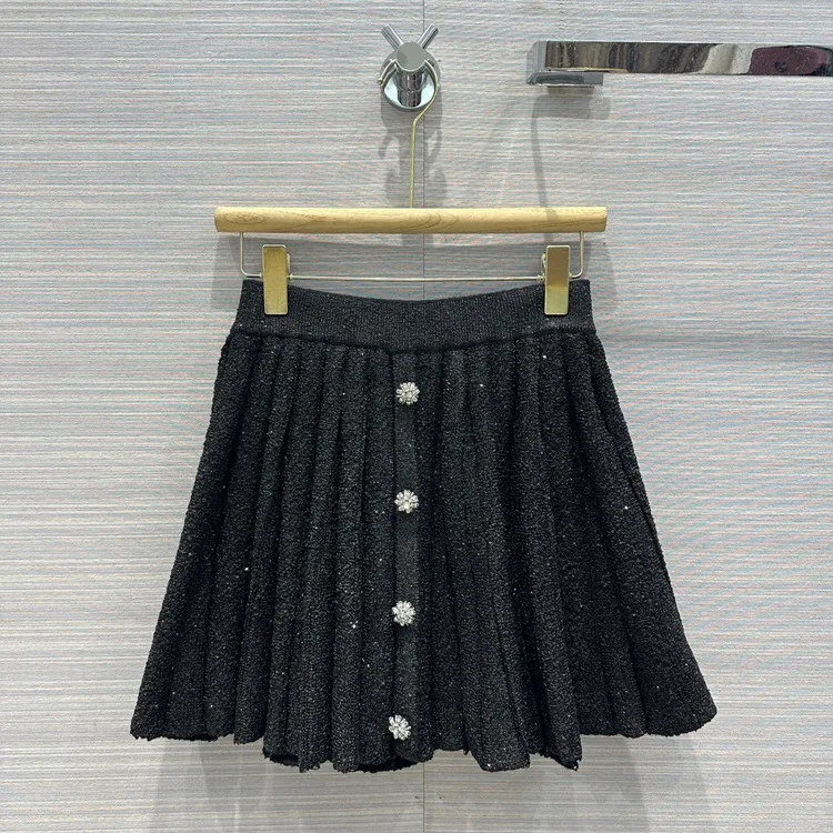

2023 Sweet Girl Playful Korean Style Bead Sheet Fine Elastic Thin Knitted Pleated Skirt