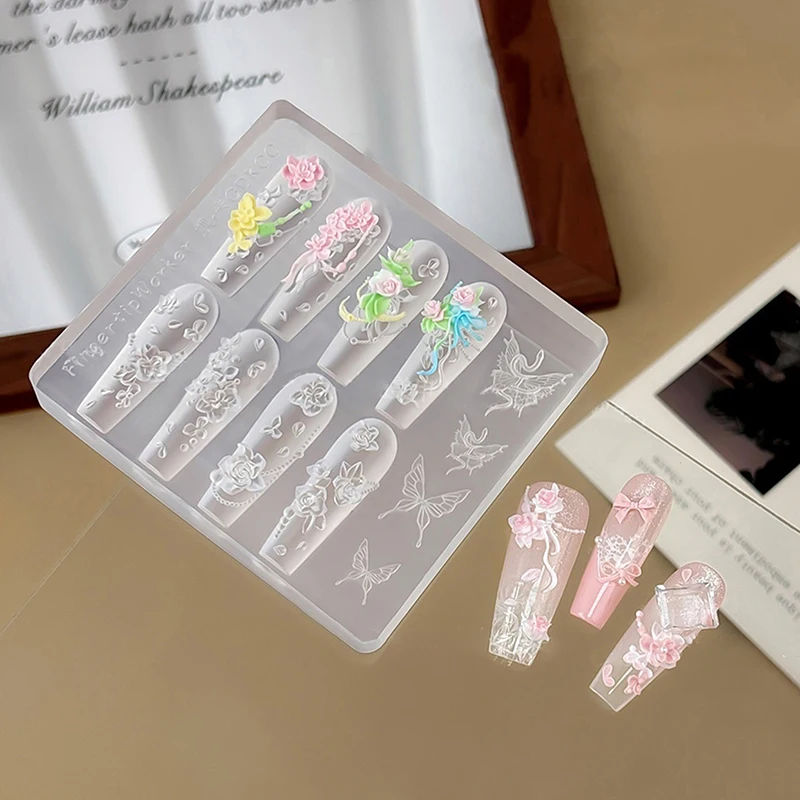 실리콘 리본 3D 네일 아트 몰드 달콤한 나비 장미 꽃 DIY 매니큐어 장식 템플릿