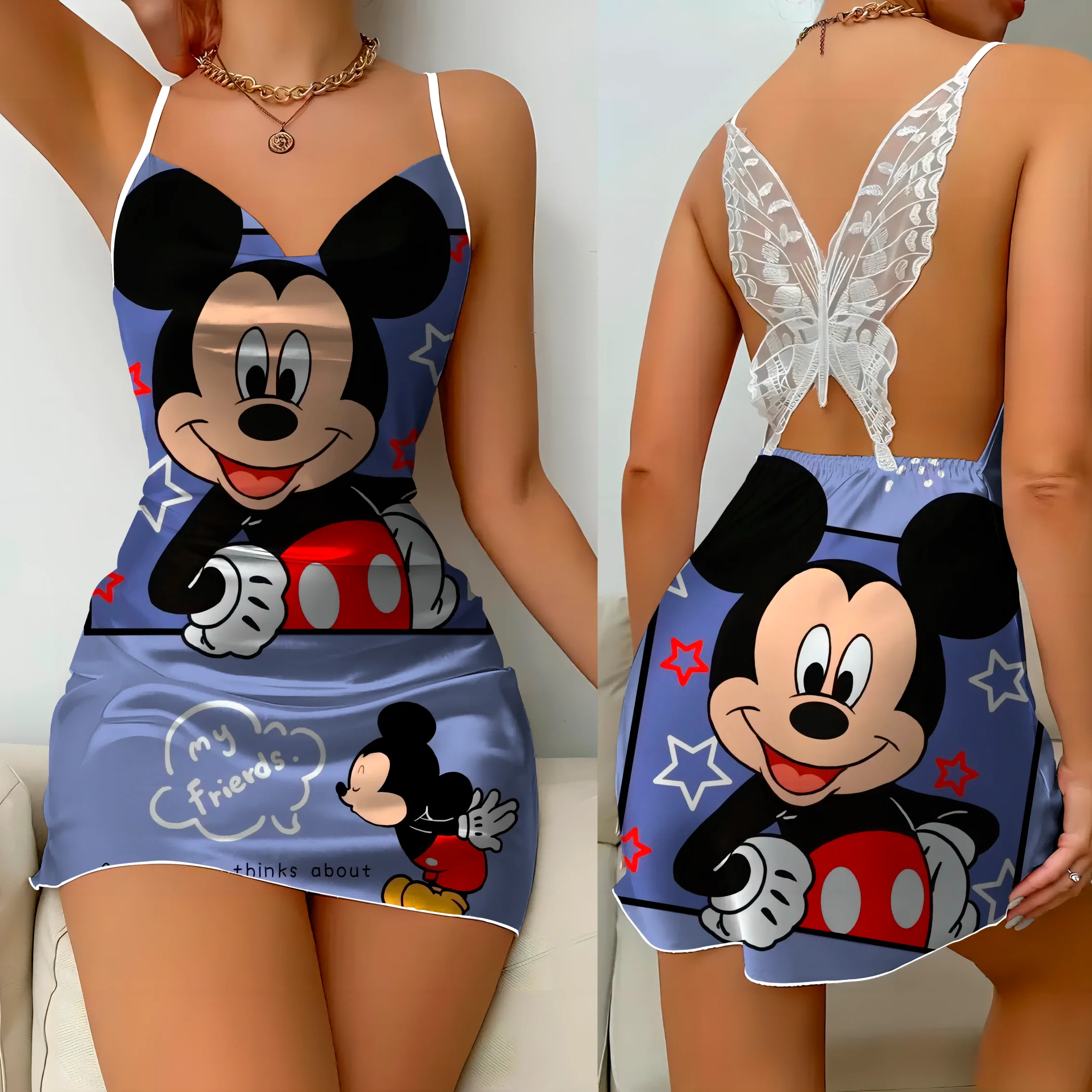 

Satin Surface Mickey Lace Dress Womens Dresses Bow Knot Disney Minnie Mouse Pajama Skirt Fashion Summer 2024 Elegant Women Party
