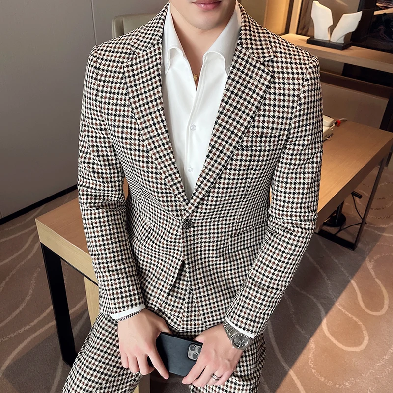 Fato xadrez cinza masculino, jaqueta e calça de peito único, blazers estilo  inglês para fumar, traje de negócio bonito, ternos masculinos, 2 peças -  AliExpress