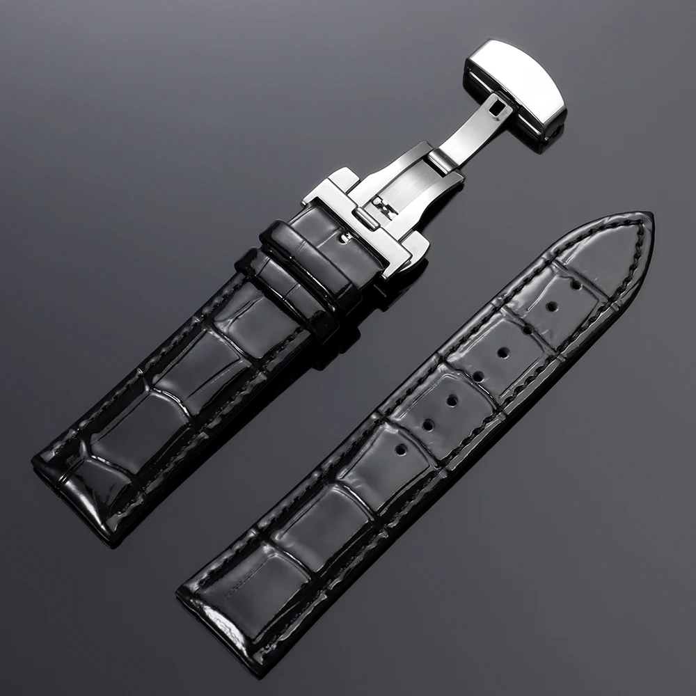 Luxurious Polished Genuine Leather Watch Band with Elegant Wooden Box and Butterfly Buckle - Available in Multiple Sizes