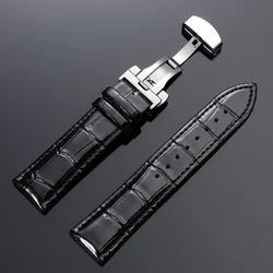 Luxurious Polished Genuine Leather Watch Band with Elegant Wooden Box and Butterfly Buckle - Available in Multiple Sizes - 22mm (Black - only strap)