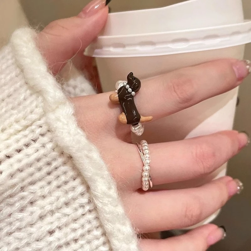 Delicate Puppy Pearl Rings for Women Girls Cute Cartoon Imitation Pearl Bead Ring Set Fashion Jewelry Accessories Student Gifts - 2