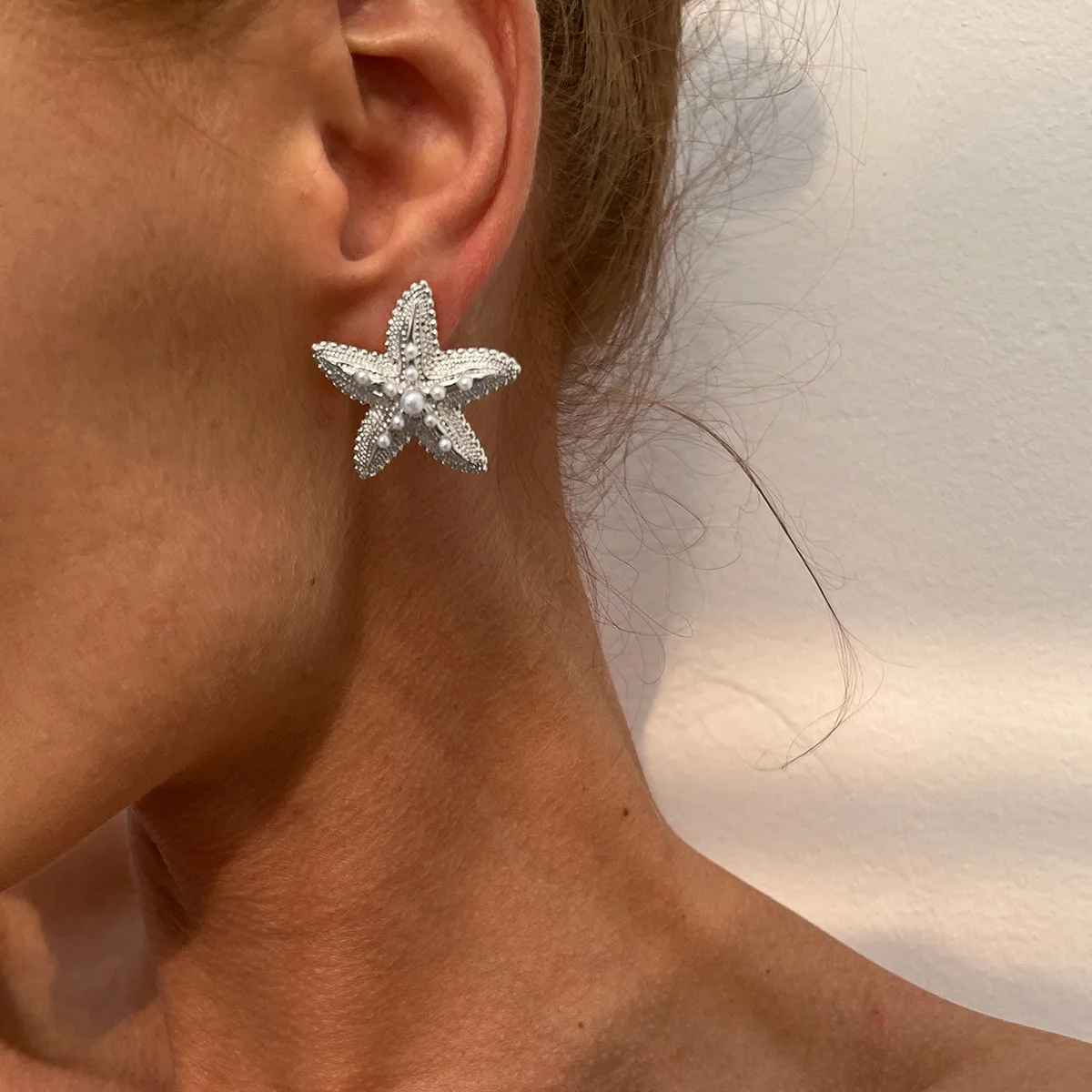 Trendy Simulated Starfish Stud Earrings for Women Star Pearl Earring Summer Beach Daily Jewelry