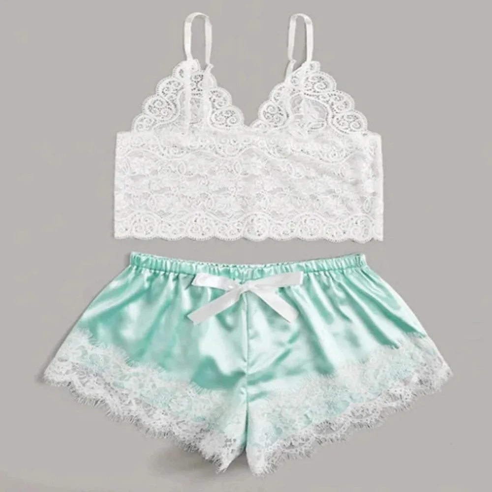 Sexy Lace Silk Sleepwear Two Piece Set of Suspender Shorts for Women Pajamas Set Lingerie Crop Tops Shorts Nightwear women pajamas set,women pajama suit,women silk underwear set