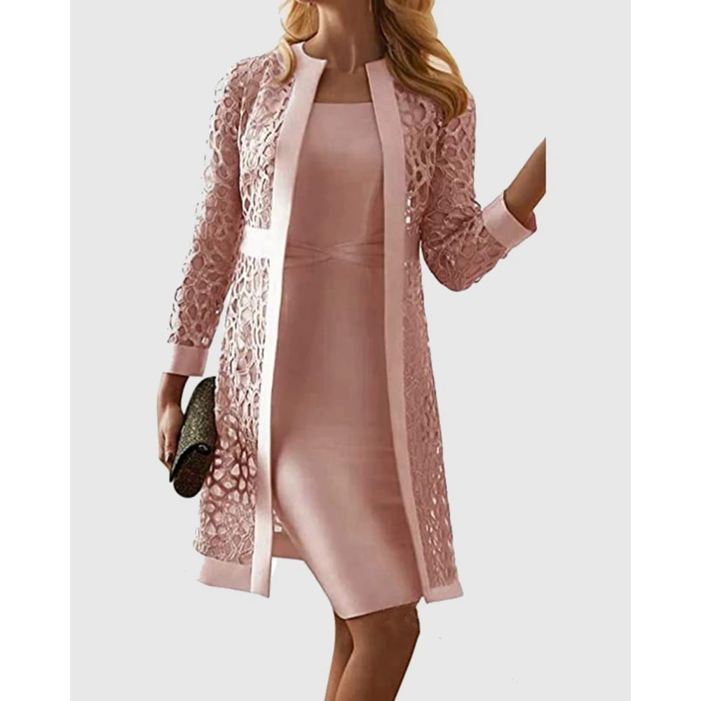 Summer Women Solid Midi Bodycon Formal Dress & Hollow Out Open Front Long Sleeve Coat Two Pieces Dress Suit Set Korean Style