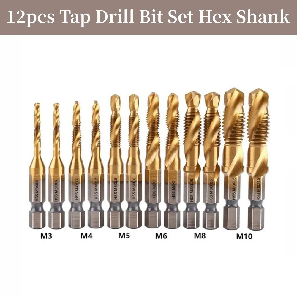 

12pcs Tap Drill Bit Set Hex Shank Titanium Plated HSS Screw Thread Bit Screw Machine Compound Tap For Metal Steel Wood Plastic