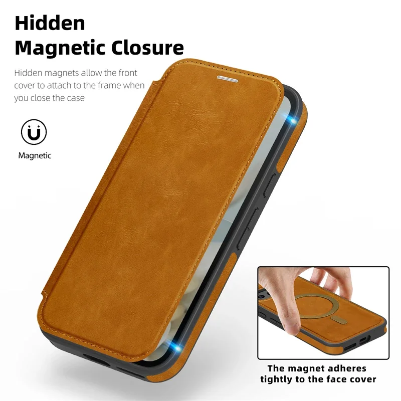 Magnetic Leather Flip Wallet Card Holder Case with Magsafe Compatibility