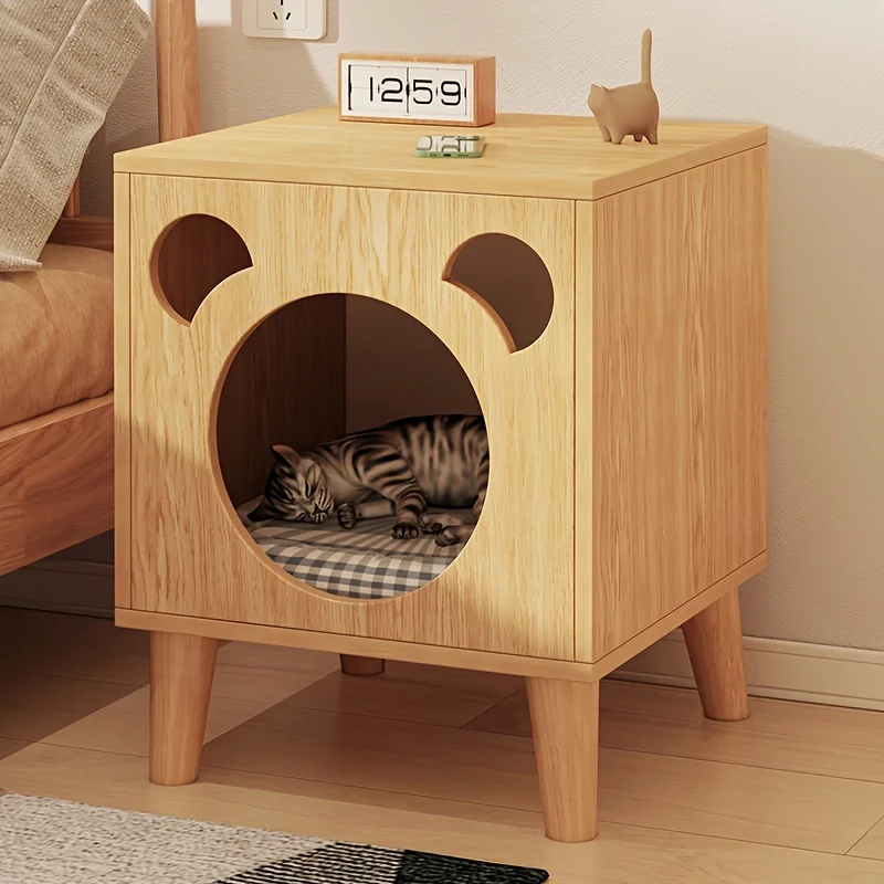 1pc Wooden Cat House, Sturdy Cat Furniture Bedside Table, Elevated Cat Sleeping Cave Nest For Indoor Cats Kittens