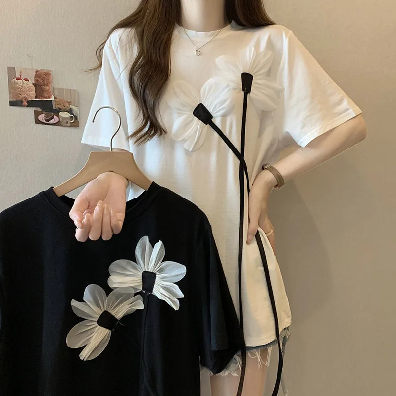 Women Three dimensional Flower Short Sleeve T-shirt Women's Summer 2023 ...