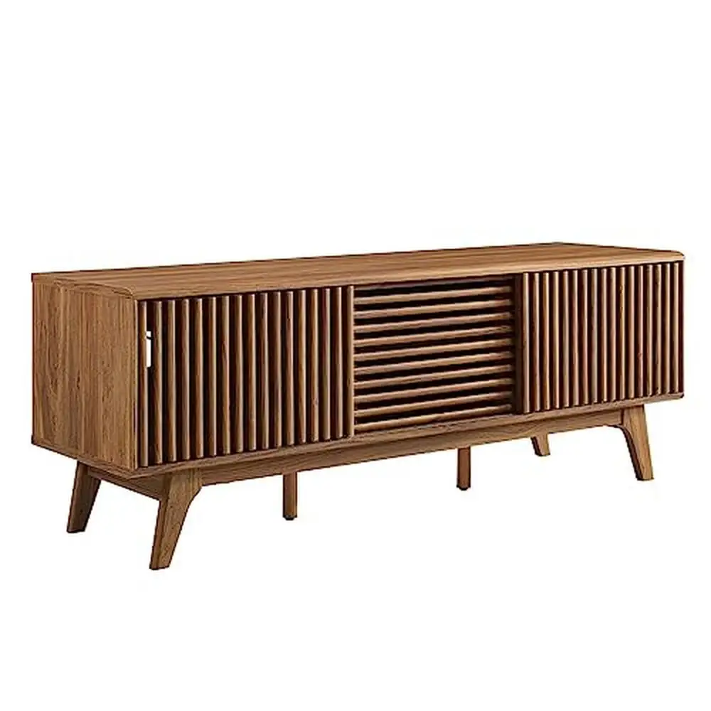 

59" Modern TV Stand with Slatted Sliding Doors & Spacious Storage Walnut Finish Cable Management Fits up to 65" TVs Durable