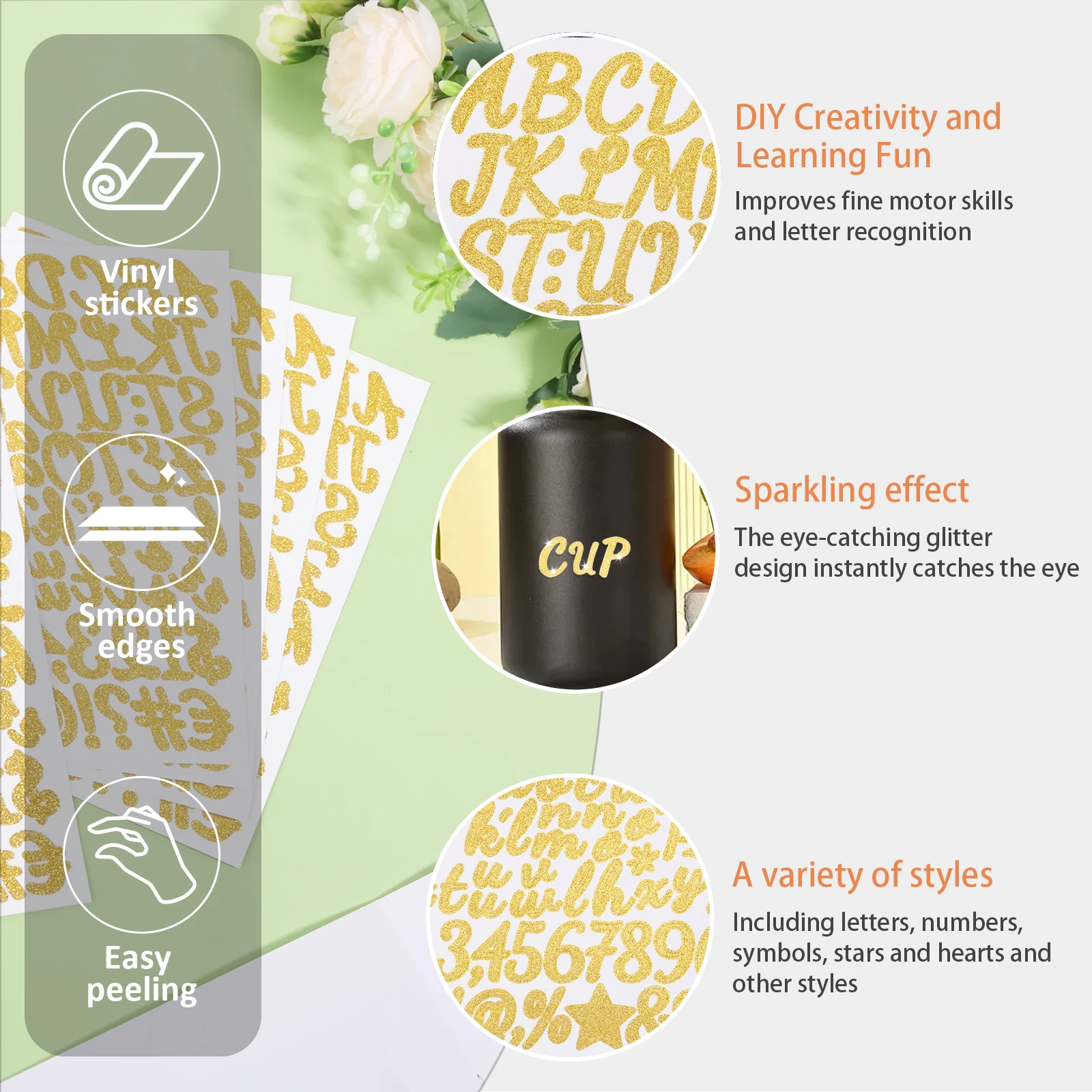 20Pcs Creative Letter Sticker Vinyl Adhesive Glitter Alphabet Art Decals Self Adhesive Glitter Alphabet Sticker for Scrapbook