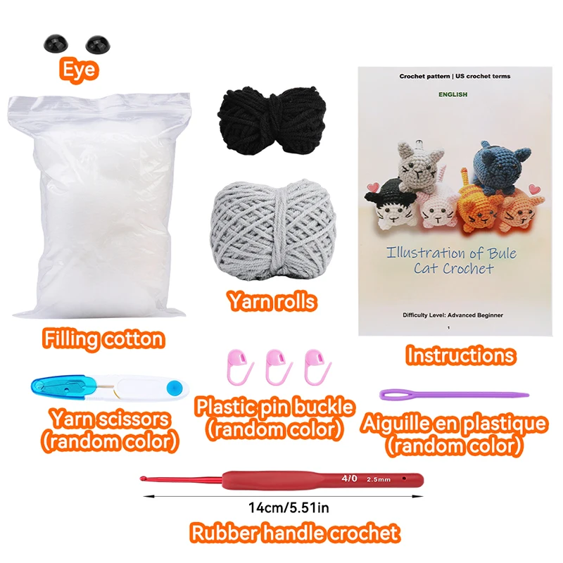 Crochet Cat Kit for Beginners With Video Tutorial Cotton Knitting Yarn Thread Needles Hooks Knit Tool Set DIY Craft
