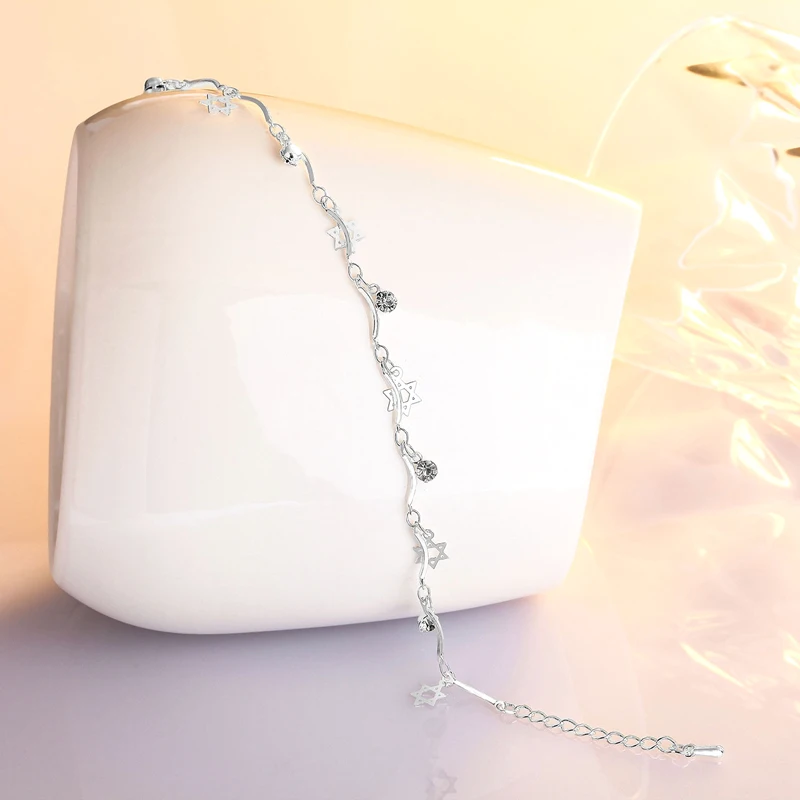 Bohemia 925 Sterling Silver Round Rhinestone Star Pendant Anklets Women Fashion Jewelry Summer Zircon Foot Chain Bracelet anklet bracelets silver anklets