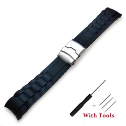 Black Silicone Curved End Waterproof Watch Strap Replacement with Tool - 20mm/22mm - 22mm (Black)