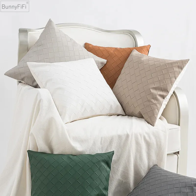 

Orange Home Decor Soft PU Leather Pillow Cover Hand Woven Decorative Cushion Cover 45x45cm Throw PillowCase Car Sofa Pillow