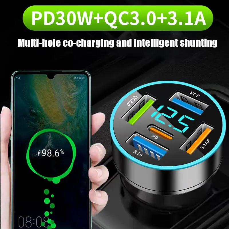 Car Charger PD66W QC3.0 Fast Charge One to Four Car Cigarette Lighter Plug 5 Port Charger Flash Charge Digital Display