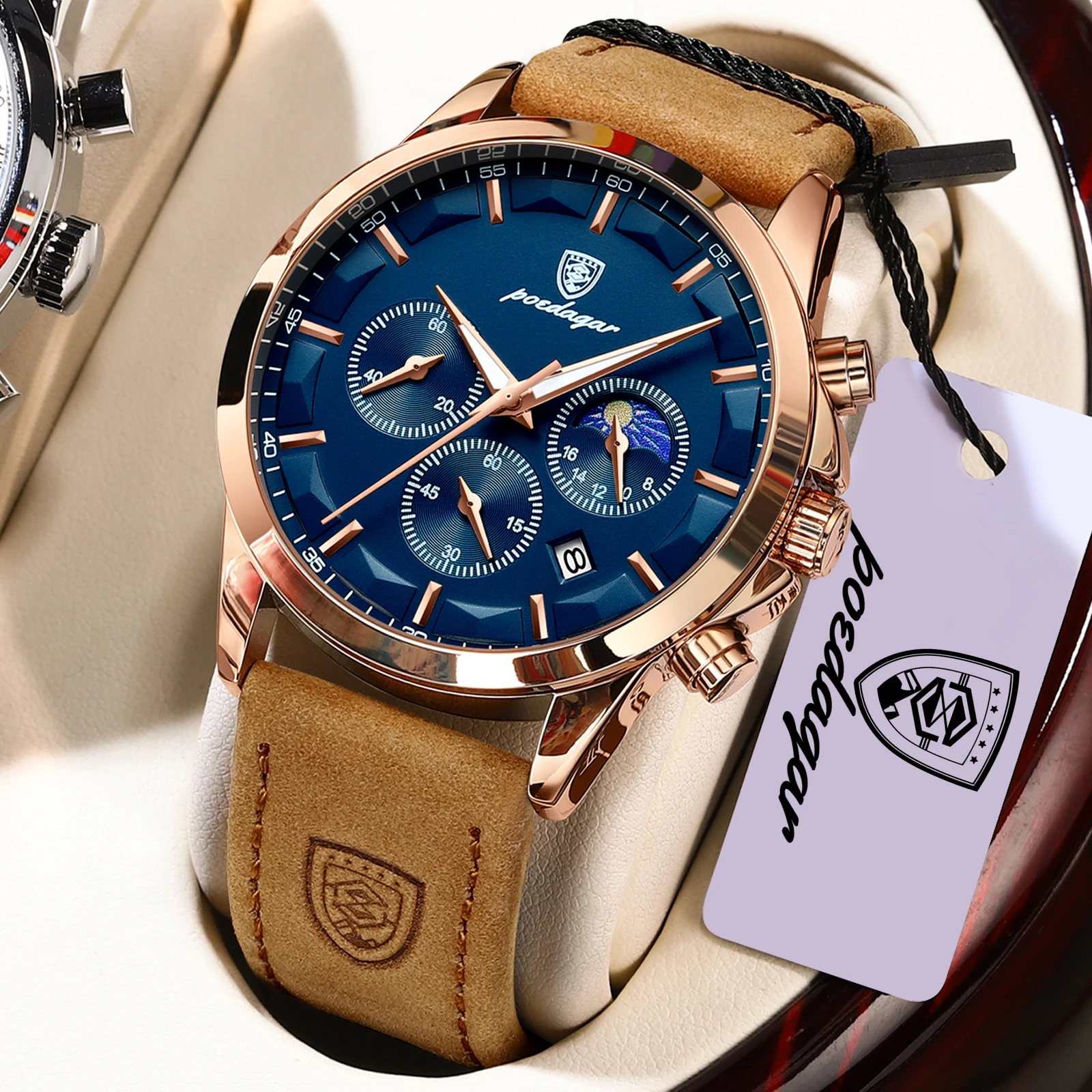 Relógio masculino de alta moda, luminoso, à prova d'água, com pulseira de couro e mecanismo de quartzo. Possui data, cronógrafo e é ideal para negócios._voghion.com