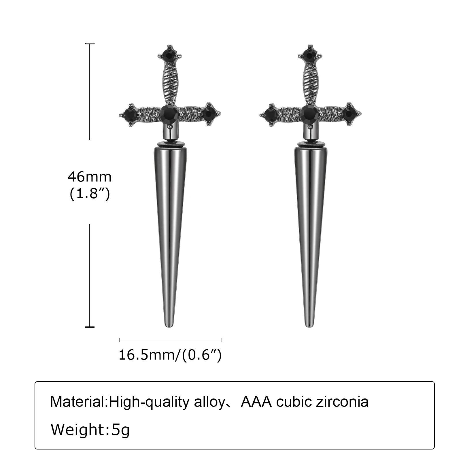 Gothic-Ohrringe in Schwertform für Männer und Jungen, Kreuz-Ohrstecker aus Metall mit schwarzem Stein, Rock-Punk-Schmuck, Jahrestag, Geburtstagsgeschenke – Detail 4