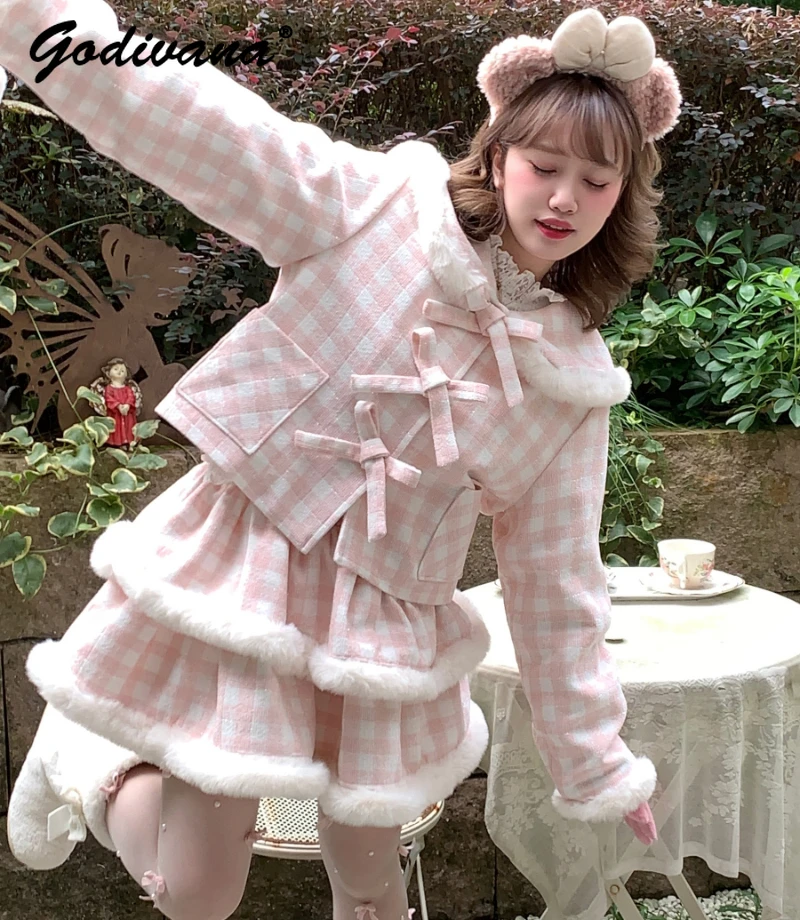 New 2023 Winter Pink Plaid Two-Piece Skirt Set Girls Cute Plaid Bowknot Short Coat and Mini Skirt Sweet Women's Outfits