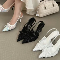 Sandales à talons hauts en cuir véritable avec broderie en tissu, sandales blanches pour femmes 2025, chaussures de mariage sexy, chaussures de soirée 6