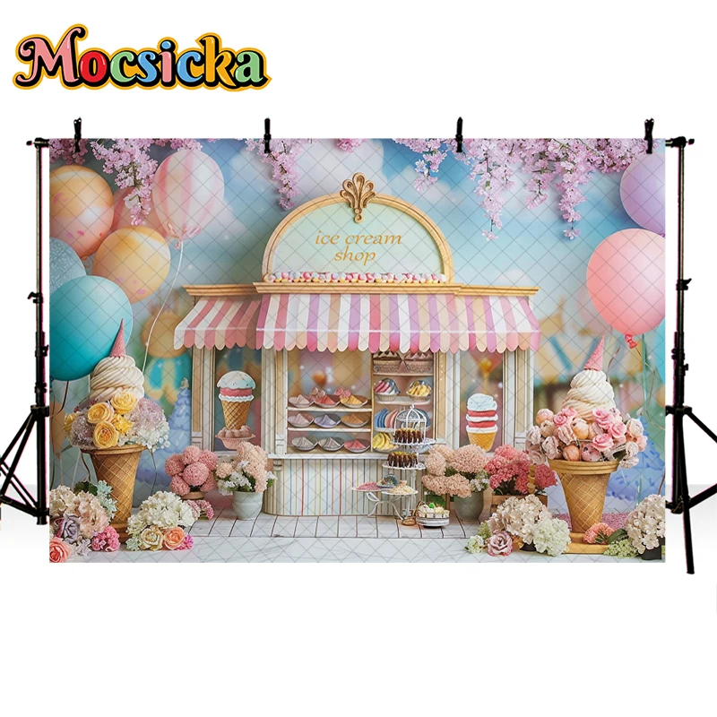 Mocsicka Photography Background Summer Ice Cream Shop Cone Floral Decor Cake Smash Kids Birthday Party Backdrop Photo Studio