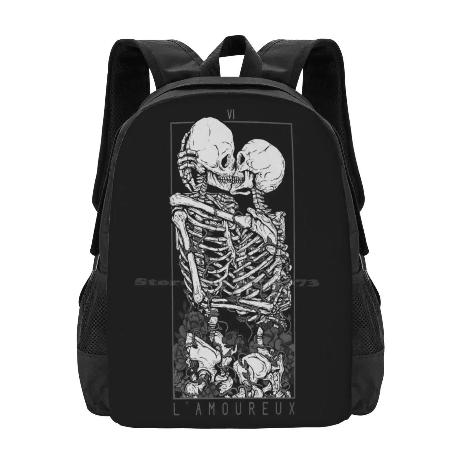 

The Lovers School Bags Travel Laptop Backpack Love Tarot Skull Flower Skeleton Couple Death Occult Dead Kiss