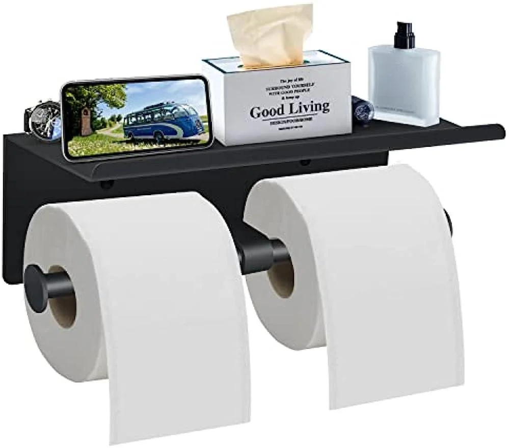 Multi-Functional Toilet Roll Paper Holder with Shelf Wall Mounted Double Roll Tissue Holder Dispenser Bathroom Gold